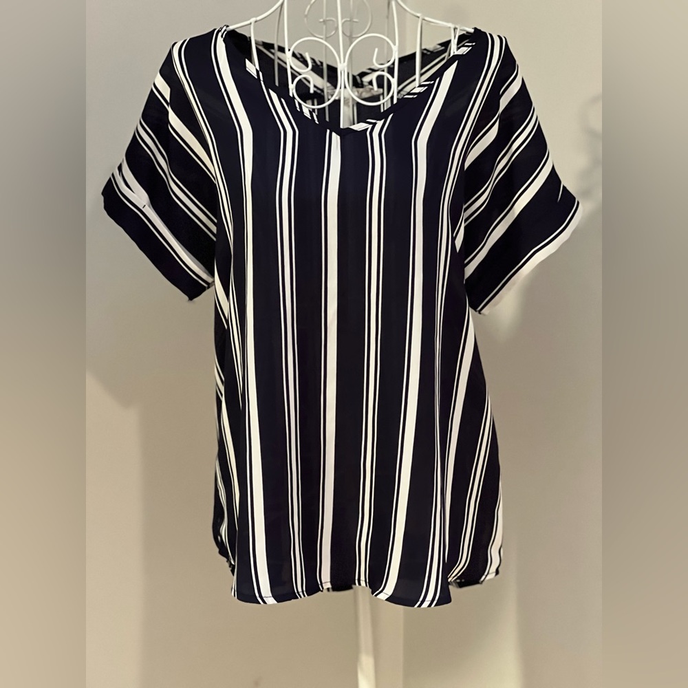 Navy White Stripe Blouse Short Sleeve Shirt Top S